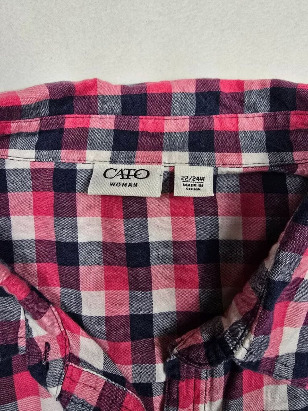 Cato Woman Pink & Navy Plaid Button-Up Shirt 22/24W 100% Cotton 3/4 Sleeves - Picture 3 of 5